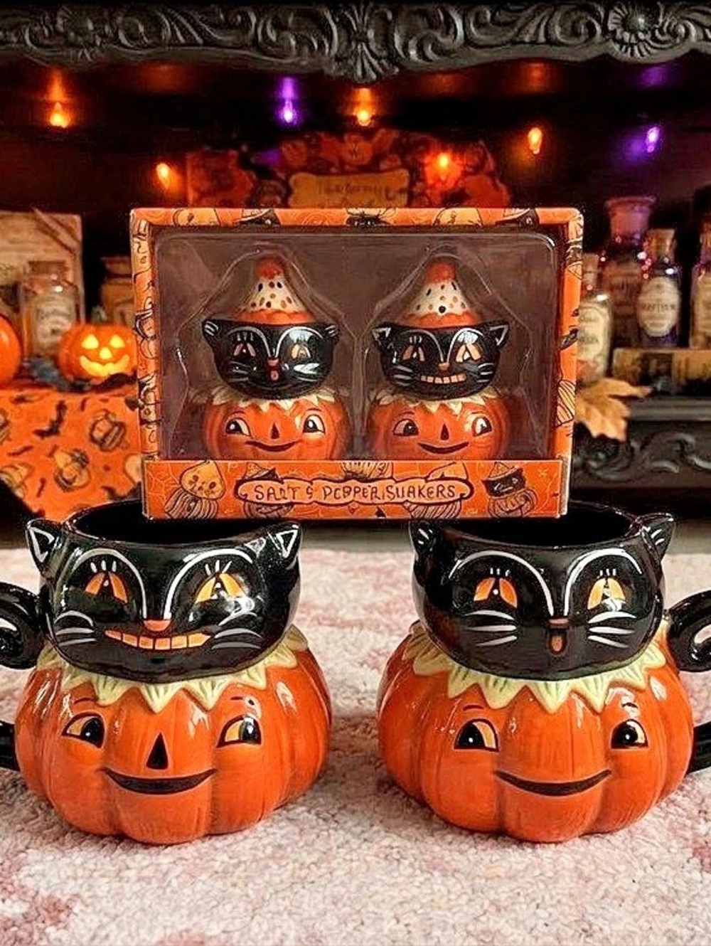 Rare Johanna Parker Pumpkin Black Cat Mugs & Salt/Pepper Shaker